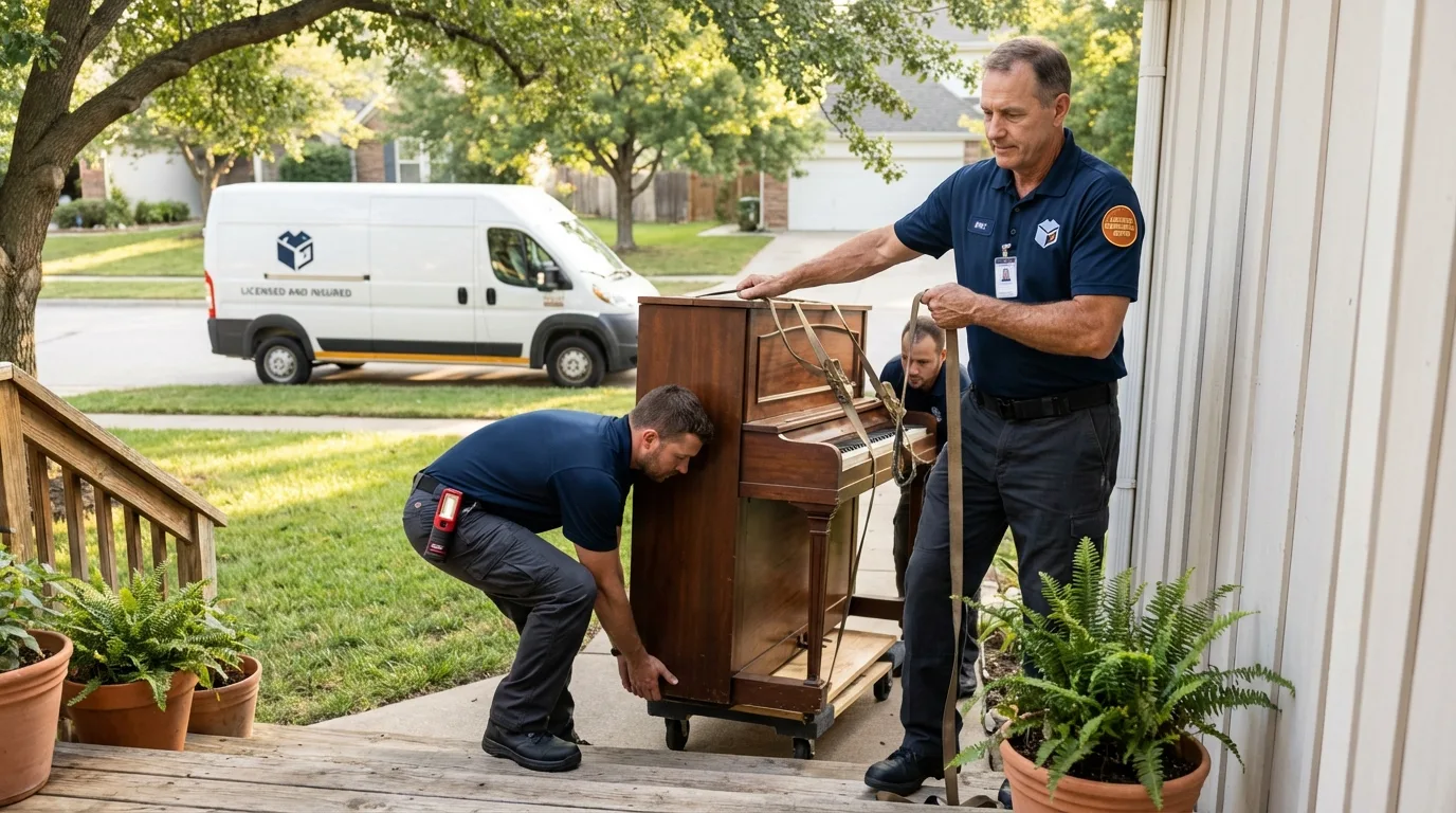 Licensed piano movers securing grand piano in Ellwood City, PA