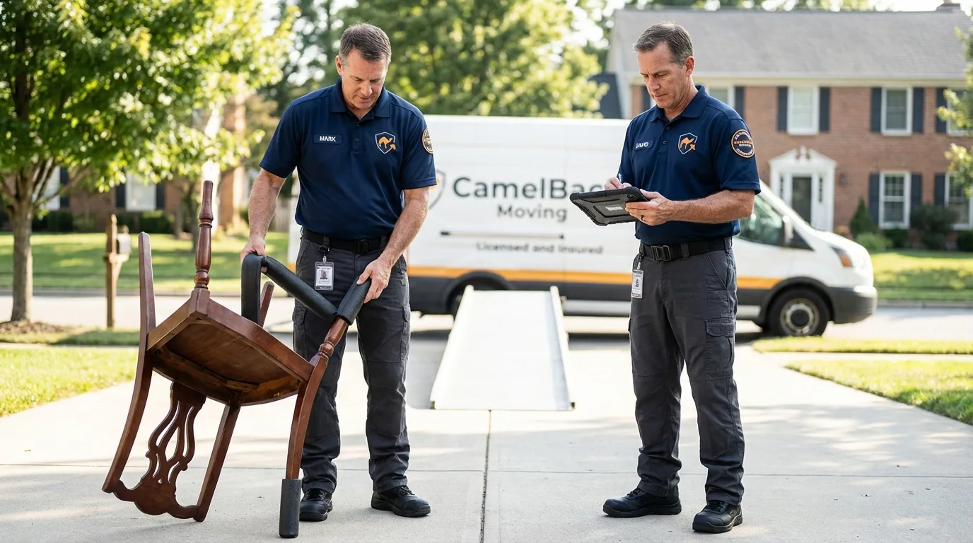 Movers inspecting furniture for damage prevention before loading in Ellwood City, PA