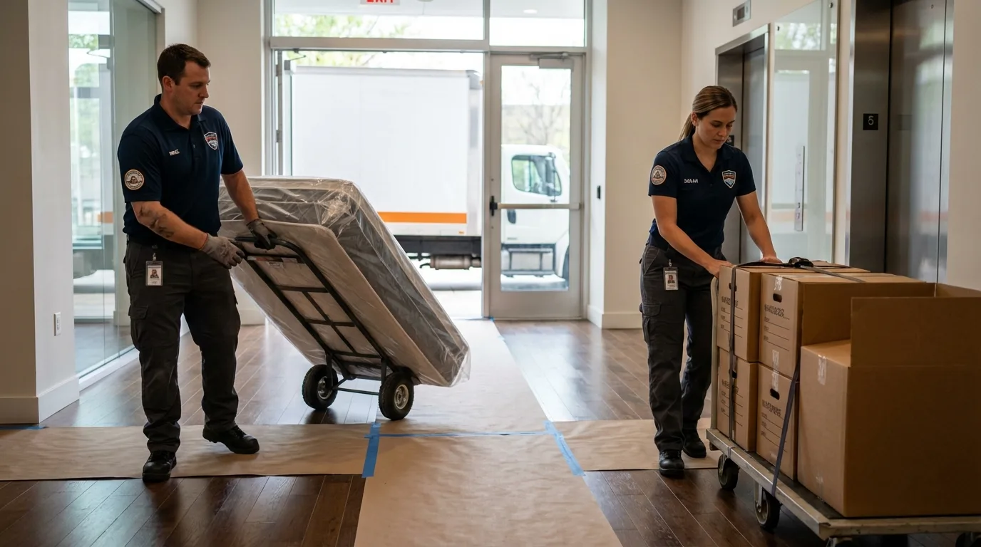 Professional apartment movers loading elevator in Ellwood City, PA