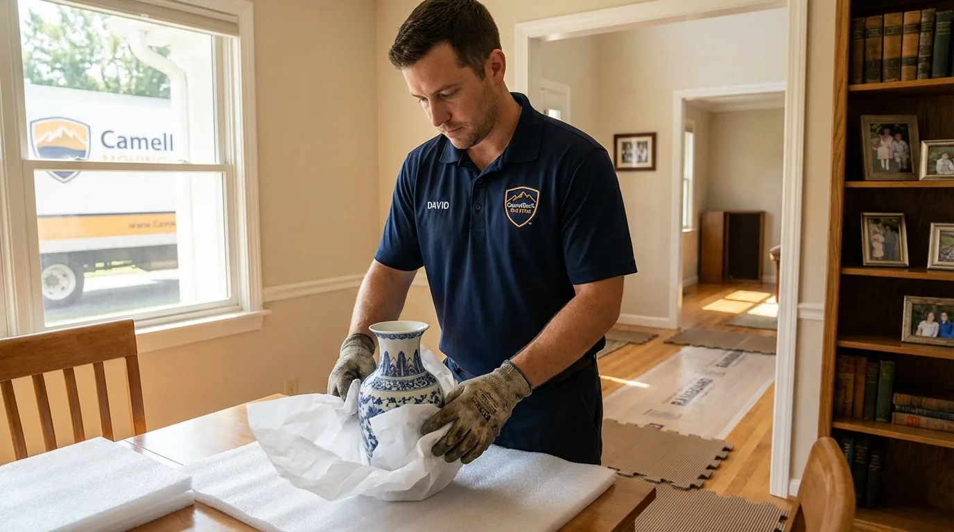 Professional crew carefully wrapping antique vase for senior downsizing move in Ellwood City, PA